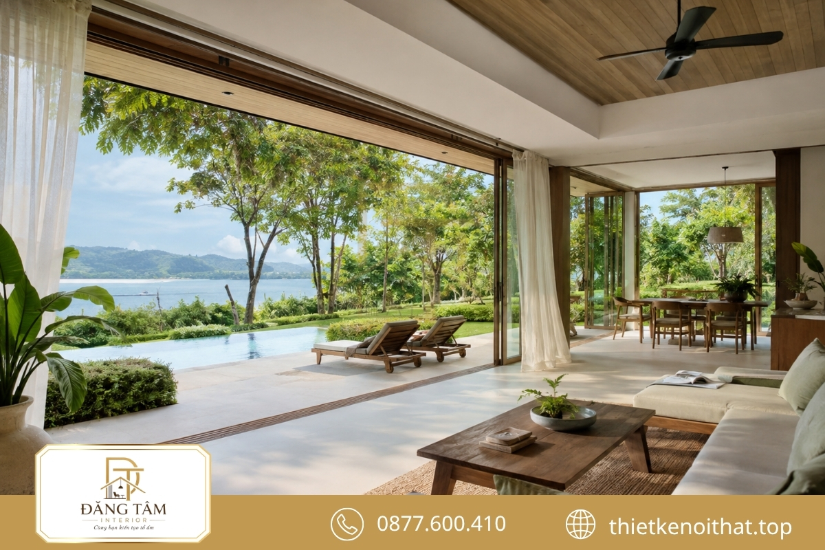 Nội thất biệt thự nghỉ dưỡng mở rộng tầm nhìn và kết nối cảnh quan tự nhiên