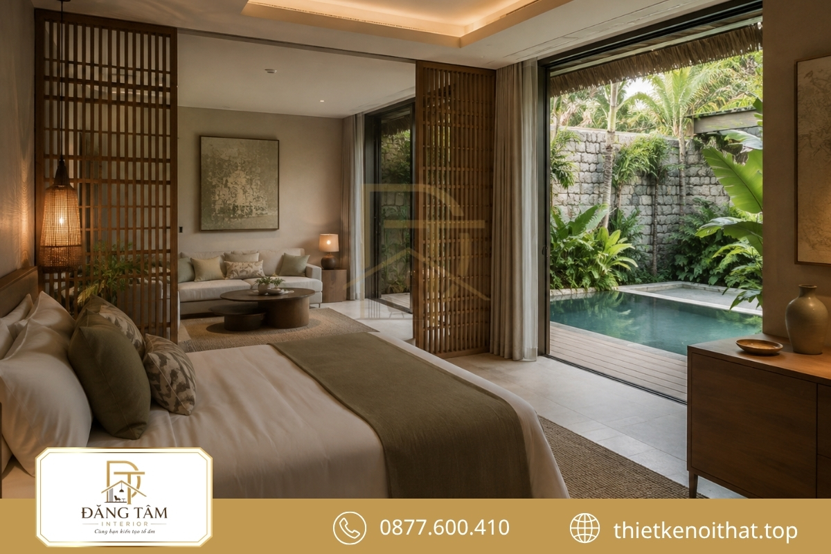 Layout thiết kế nội thất resort villa cân bằng riêng tư và sinh hoạt chung