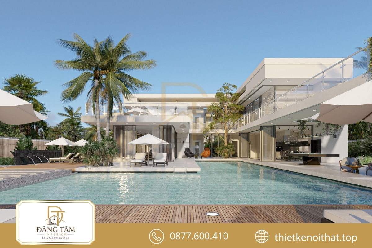 Hồ bơi biệt thự nghỉ dưỡng cao cấp kết hợp khu lounge ngoài trời riêng tư