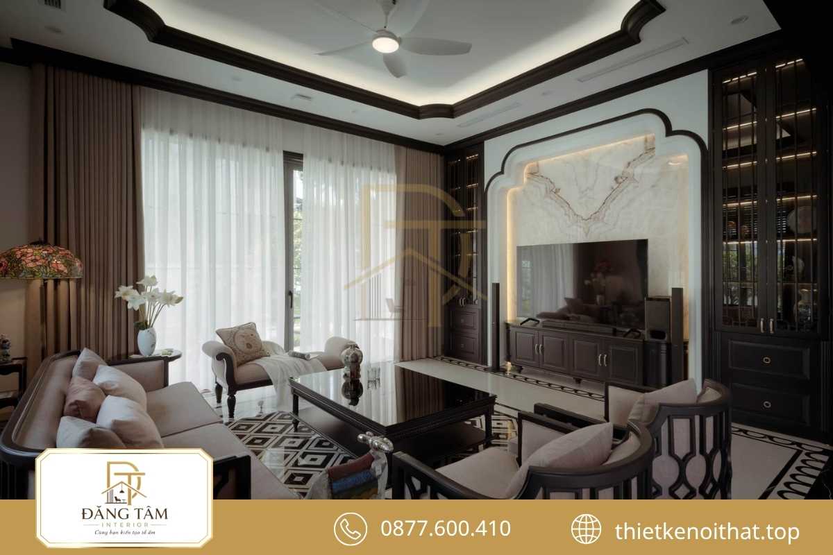 Thiết kế nội thất biệt thự đơn lập Indochine với chất liệu Á Đông 