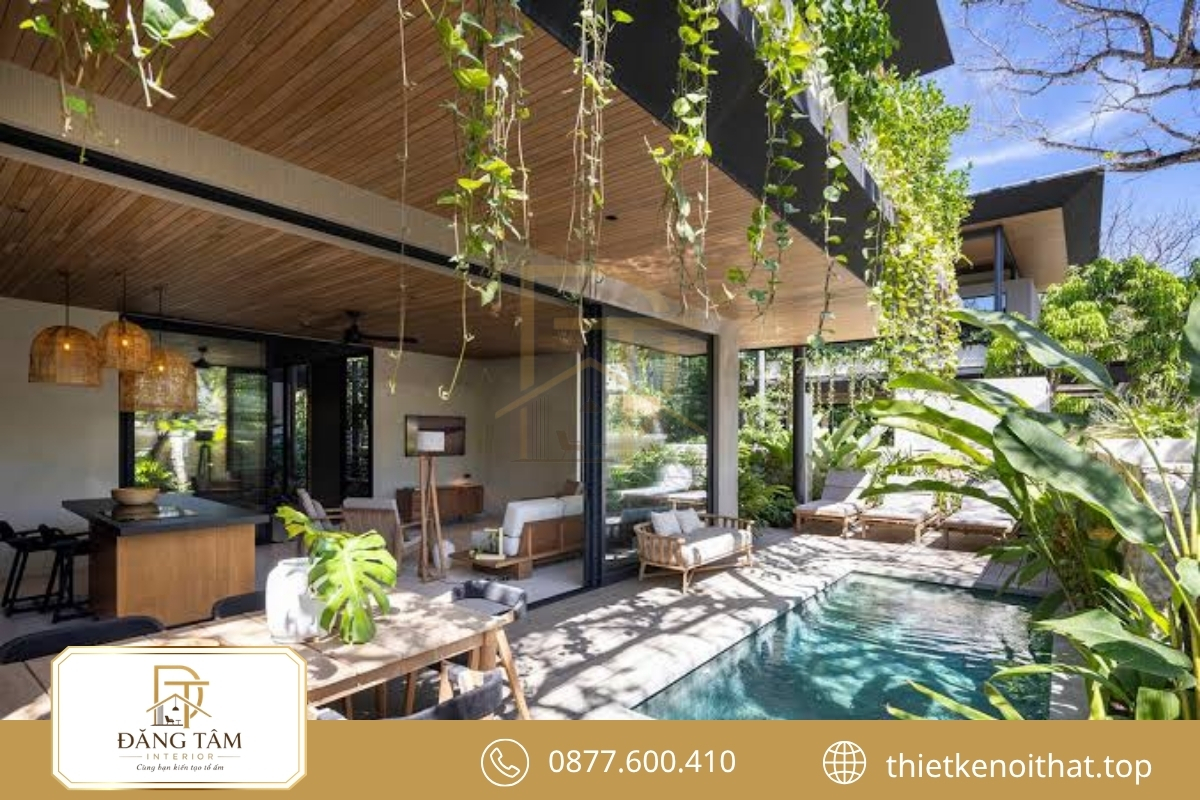 Nội thất biệt thự nghỉ dưỡng Tropical hòa quyện cây xanh và chất liệu tự nhiên