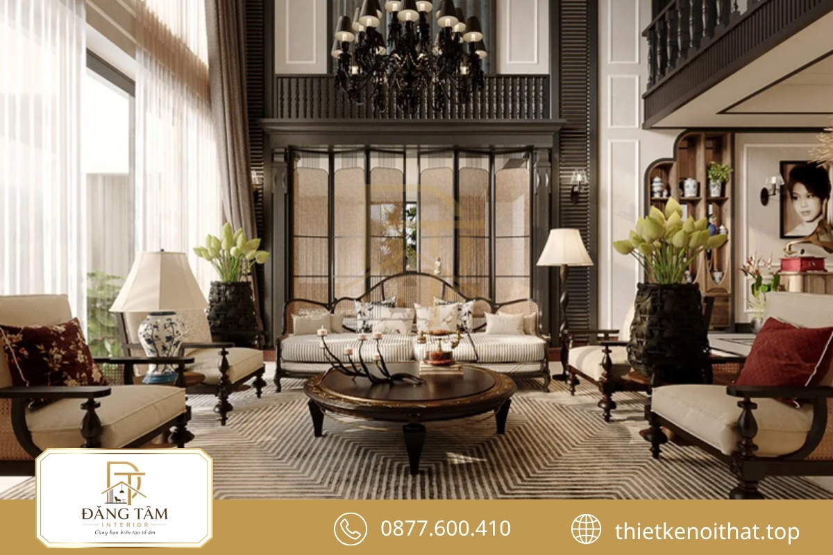 Mẫu thiết kế nội thất biệt thự song lập Indochine ấm áp, giàu bản sắc