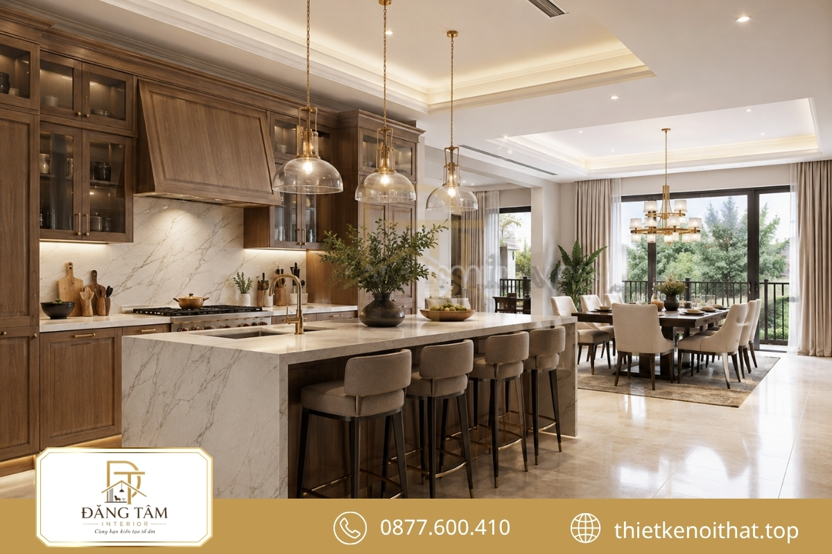 Nội thất biệt thự đơn lập kết nối bếp và bàn ăn tiện nghi 
