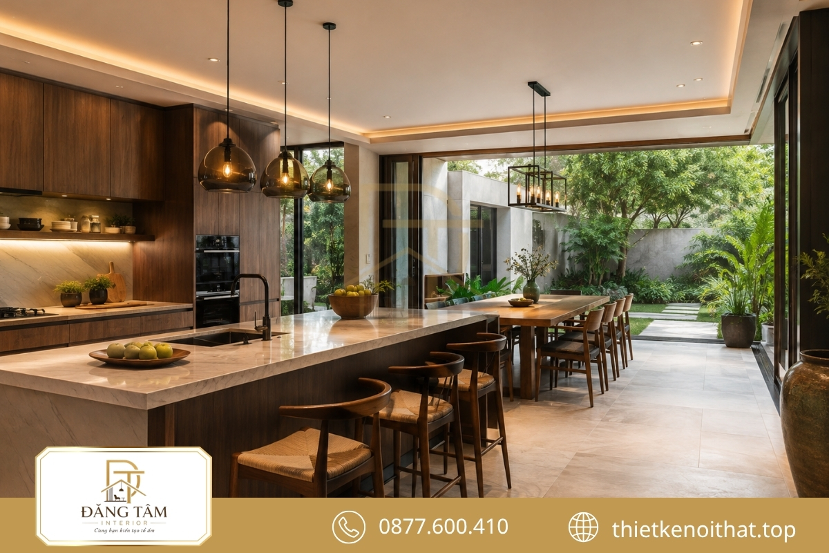 Thiết kế biệt thự nhà vườn liên kết bếp và bàn ăn tiện nghi