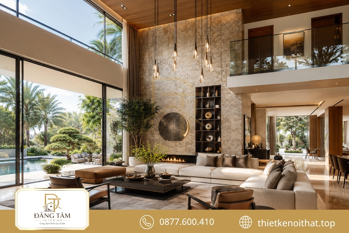 Mẫu nội thất biệt thự đơn lập với phòng khách rộng thoáng sang trọng 