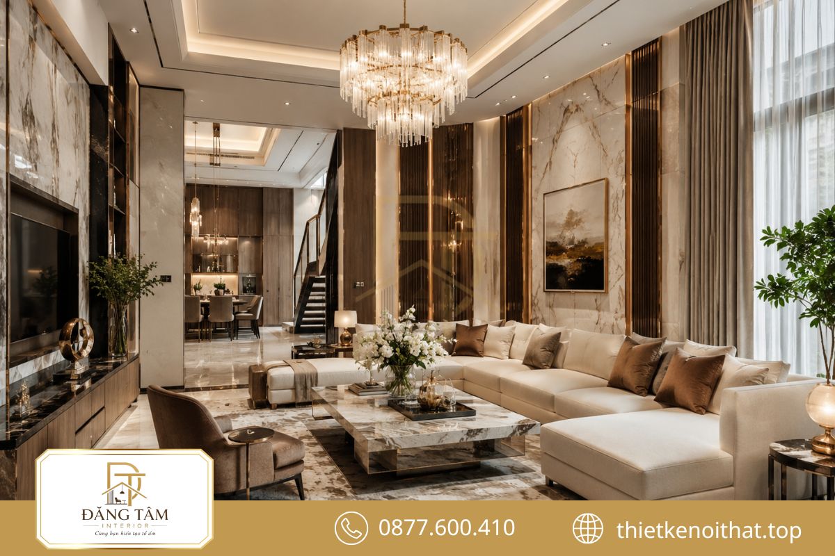 Phòng khách sang trọng tạo điểm nhấn đầu tiên cho tổng thể không gian biệt thự