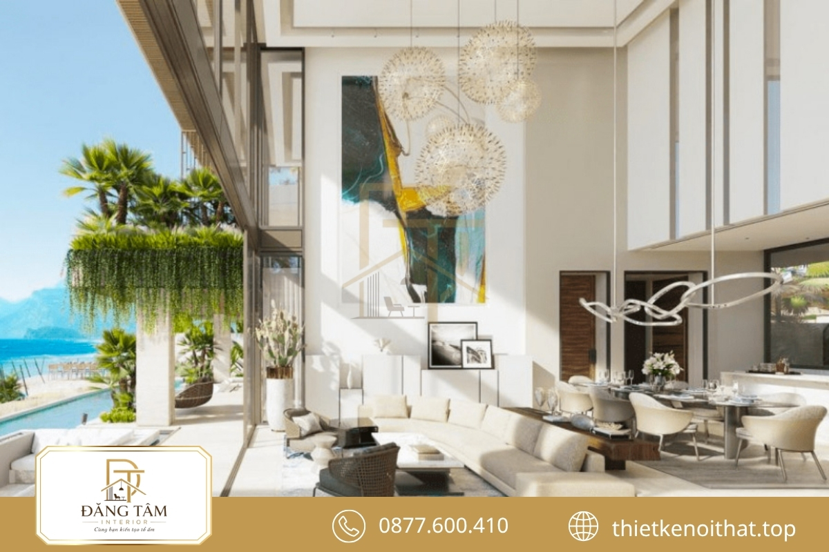 Phòng khách thiết kế nội thất biệt thự nghỉ dưỡng mở rộng trực tiếp ra cảnh quan