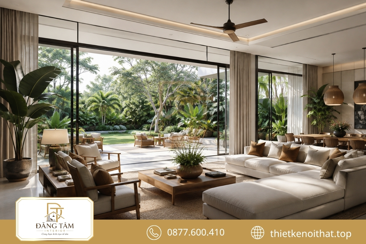 Thiết kế nội thất biệt thự nhà vườn mở phòng khách về cảnh quan