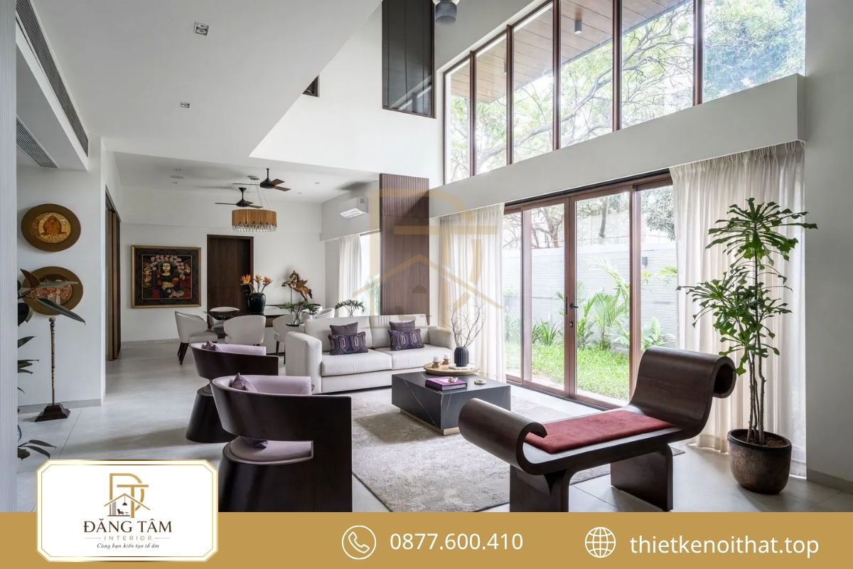 Bố trí nội thất biệt thự song lập mở phòng khách hướng cảnh quan