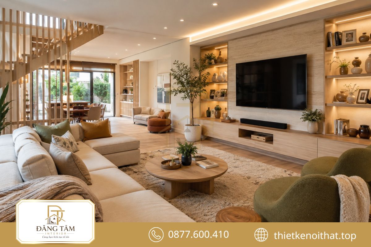 Phòng sinh hoạt chung biệt thự liền kề tạo không gian gần gũi cho gia đình