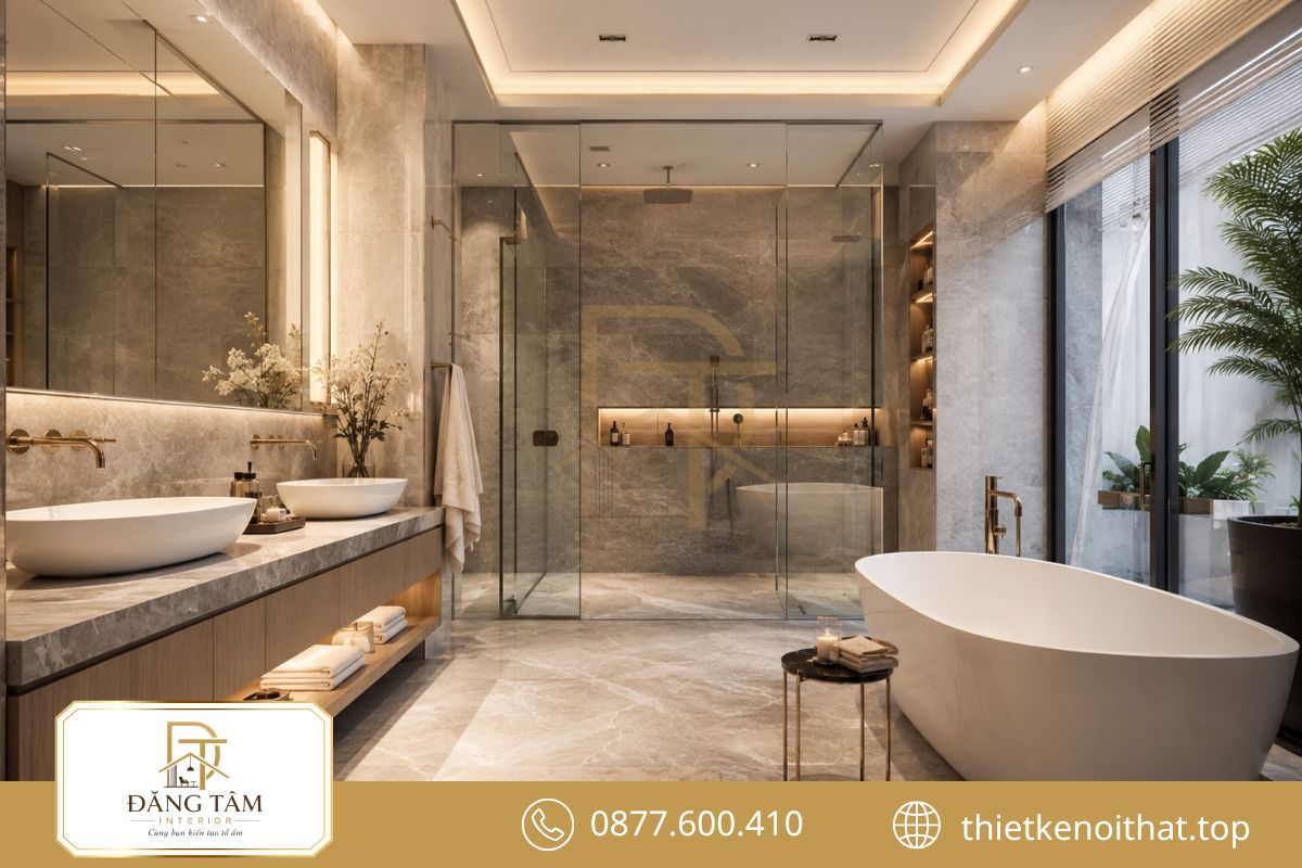 Phòng tắm hiện đại phân chia khu vực rõ ràng và tối ưu trải nghiệm sử dụng