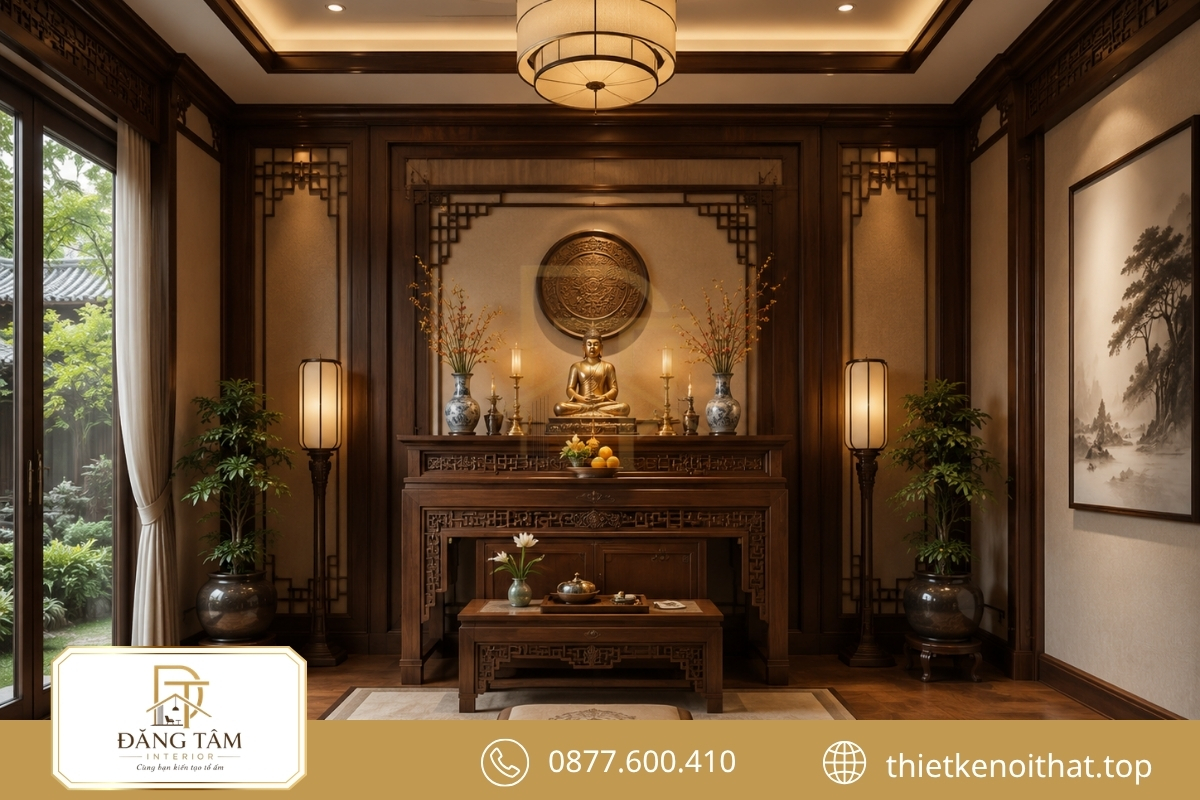 Phòng thờ sử dụng gỗ ấm tạo vẻ trang nghiêm và thanh tĩnh