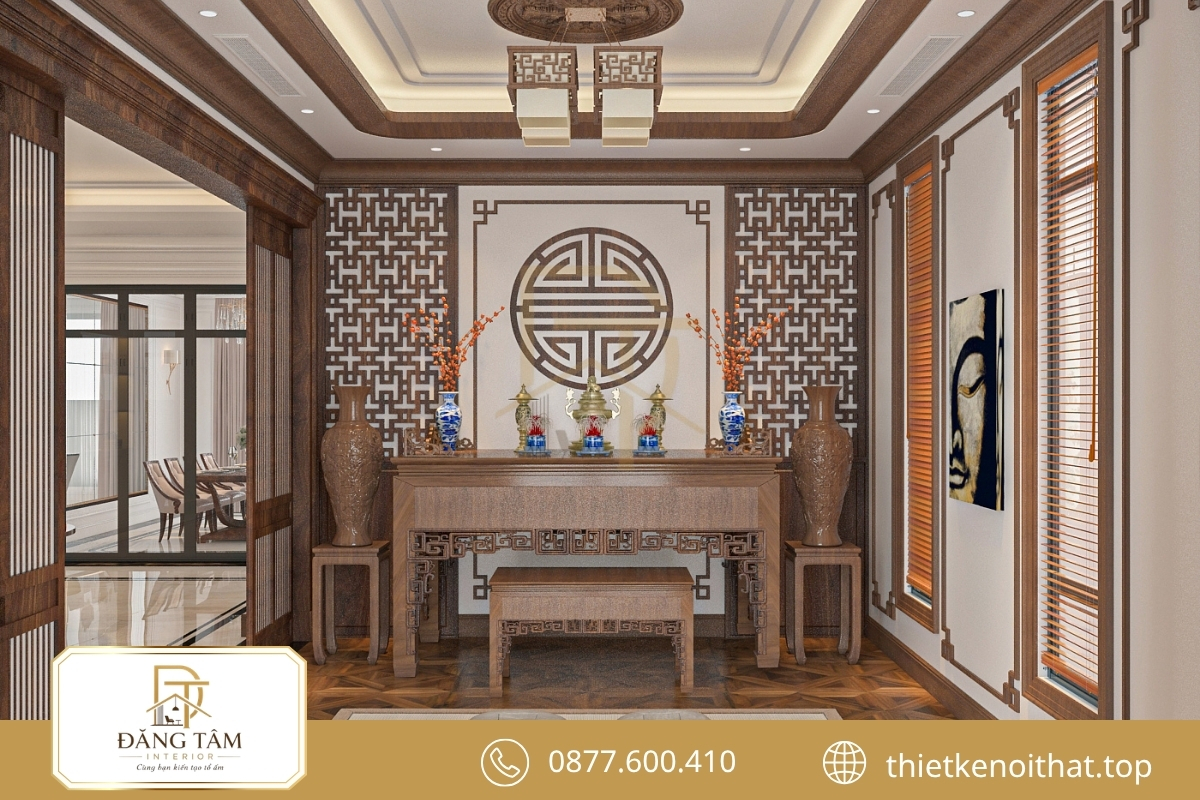 Thiết kế nội thất biệt thự song lập tạo phòng thờ trang nghiêm, cân đối