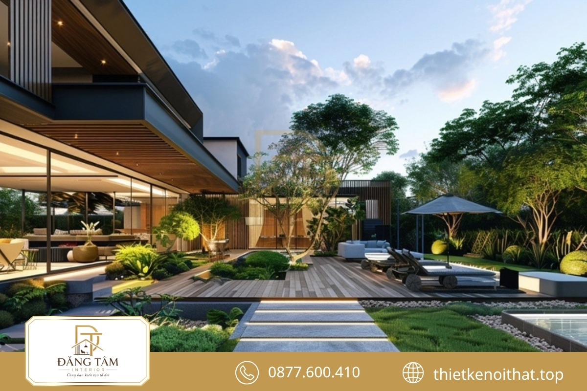 Sân vườn thiết kế biệt thự nghỉ dưỡng hiện đại tạo khoảng thở xanh mát