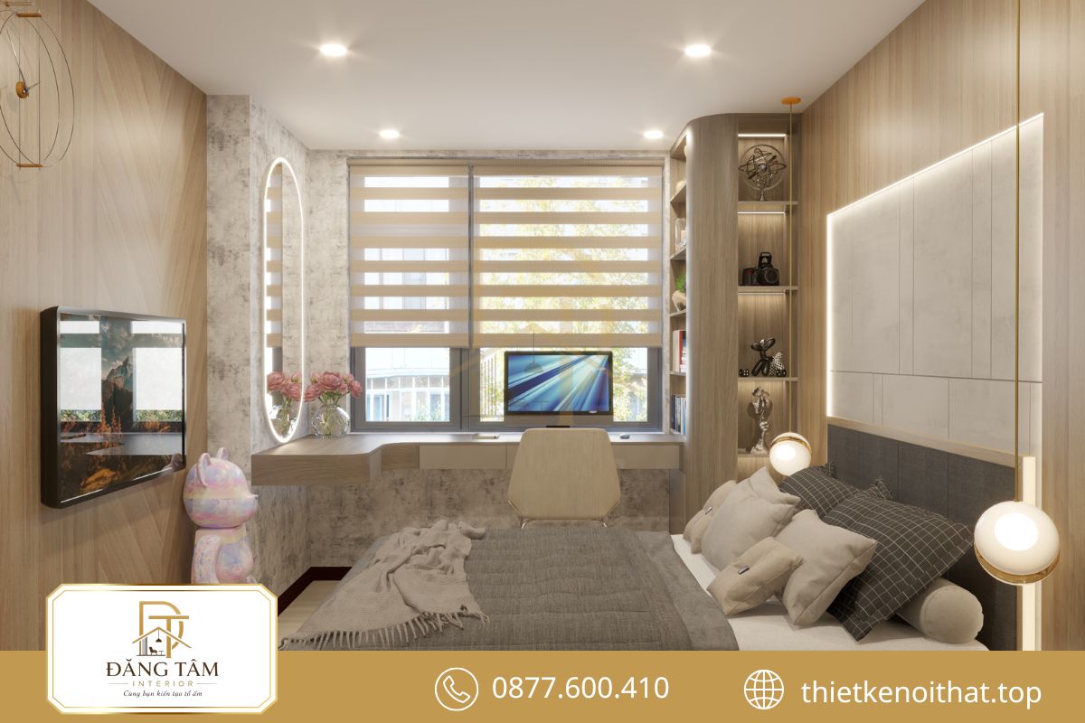 Phòng ngủ hoàn thiện với hệ tủ, giường và bàn làm việc đồng bộ, tiện nghi
