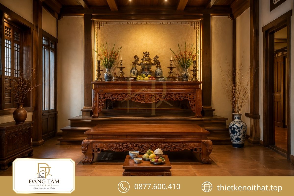 Án gian, sập thờ và bàn cơm bố trí cân đối trong phòng thờ truyền thống. Án gian, sập thờ và bàn cơm bố trí cân đối trong phòng thờ truyền thống.