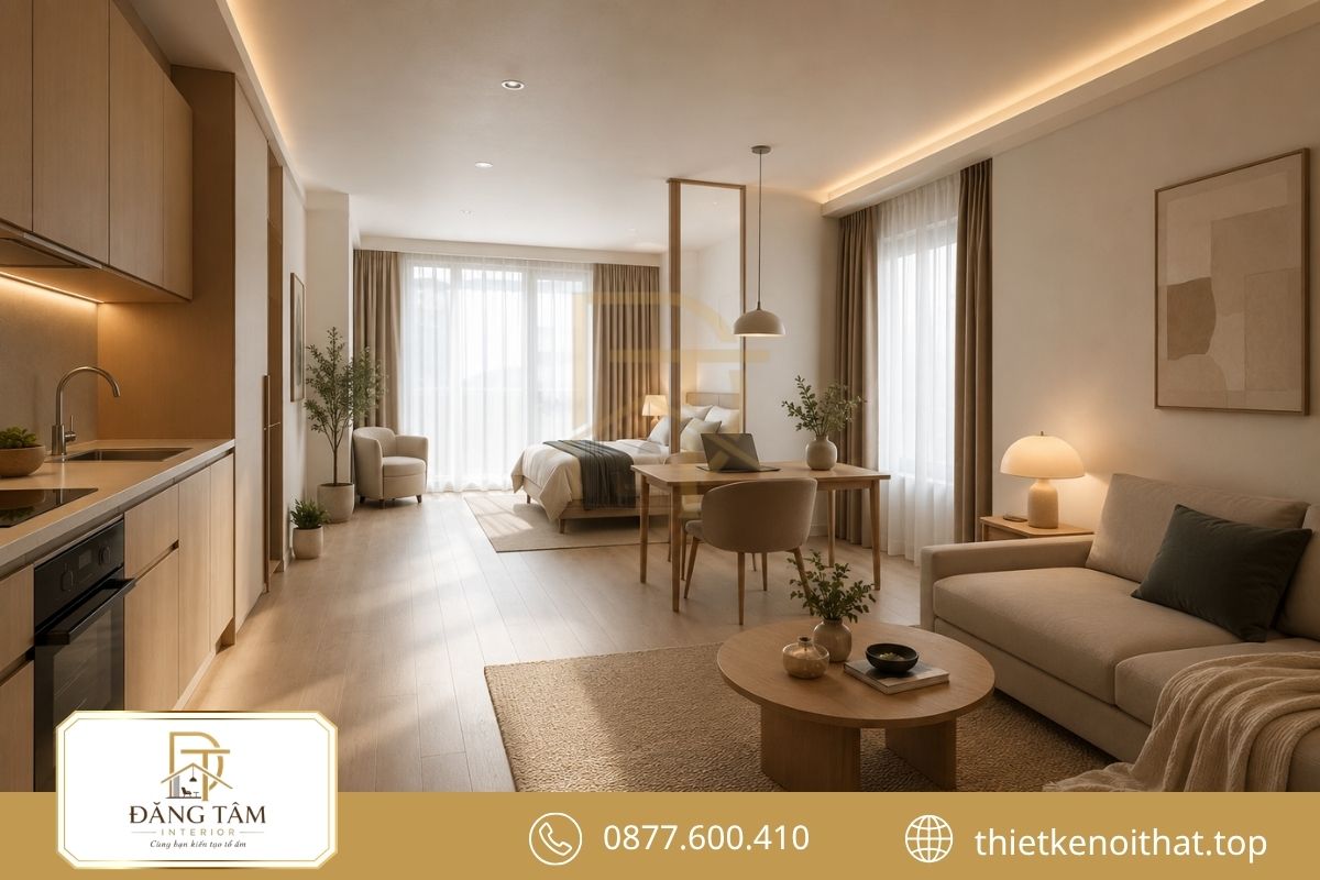 Gam màu sáng và ánh sáng tự nhiên giúp Studio trông rộng hơn.