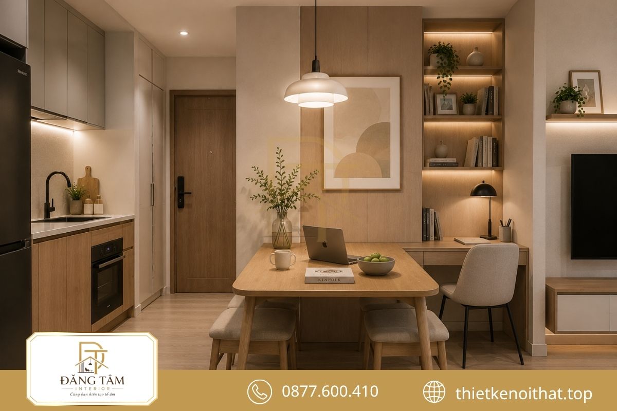 Cách bố trí nhà chung cư 50m2 cùng bàn ăn kết hợp góc làm việc