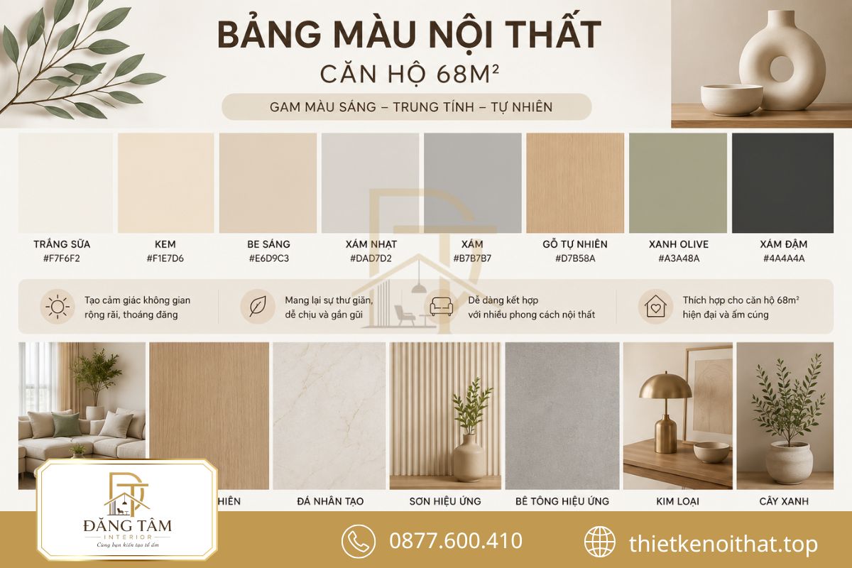 Bảng màu trắng, kem, be, xám nhạt và gỗ phù hợp với căn hộ 68m2 