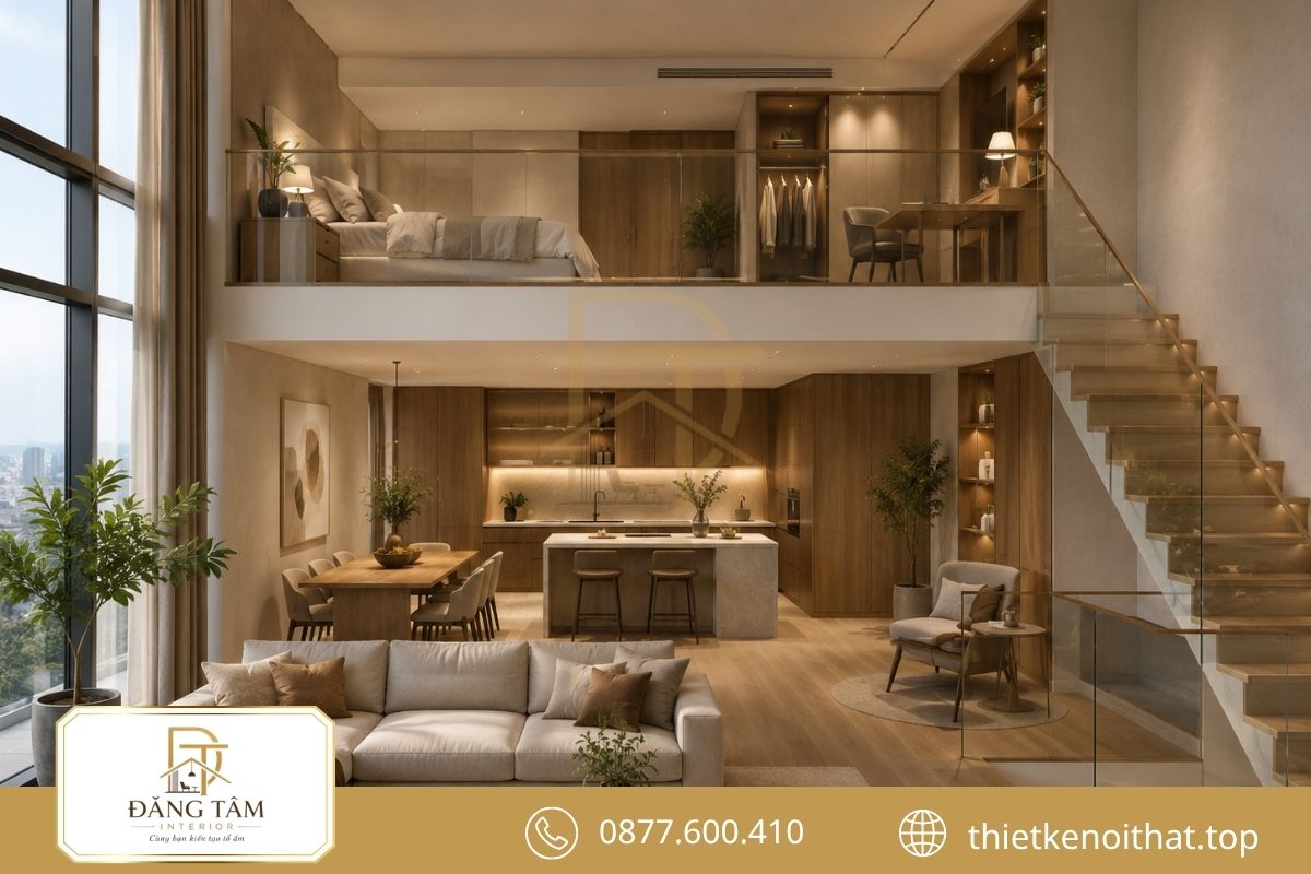 Duplex một phòng ngủ bố trí mở, tối ưu diện tích sinh hoạt. 