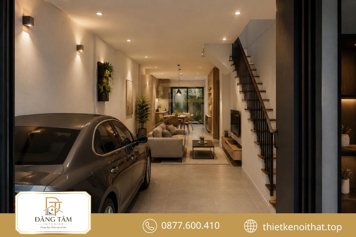 Nội thất nhà ống 4m có gara khoa học, thuận tiện cho sinh hoạt hằng ngày