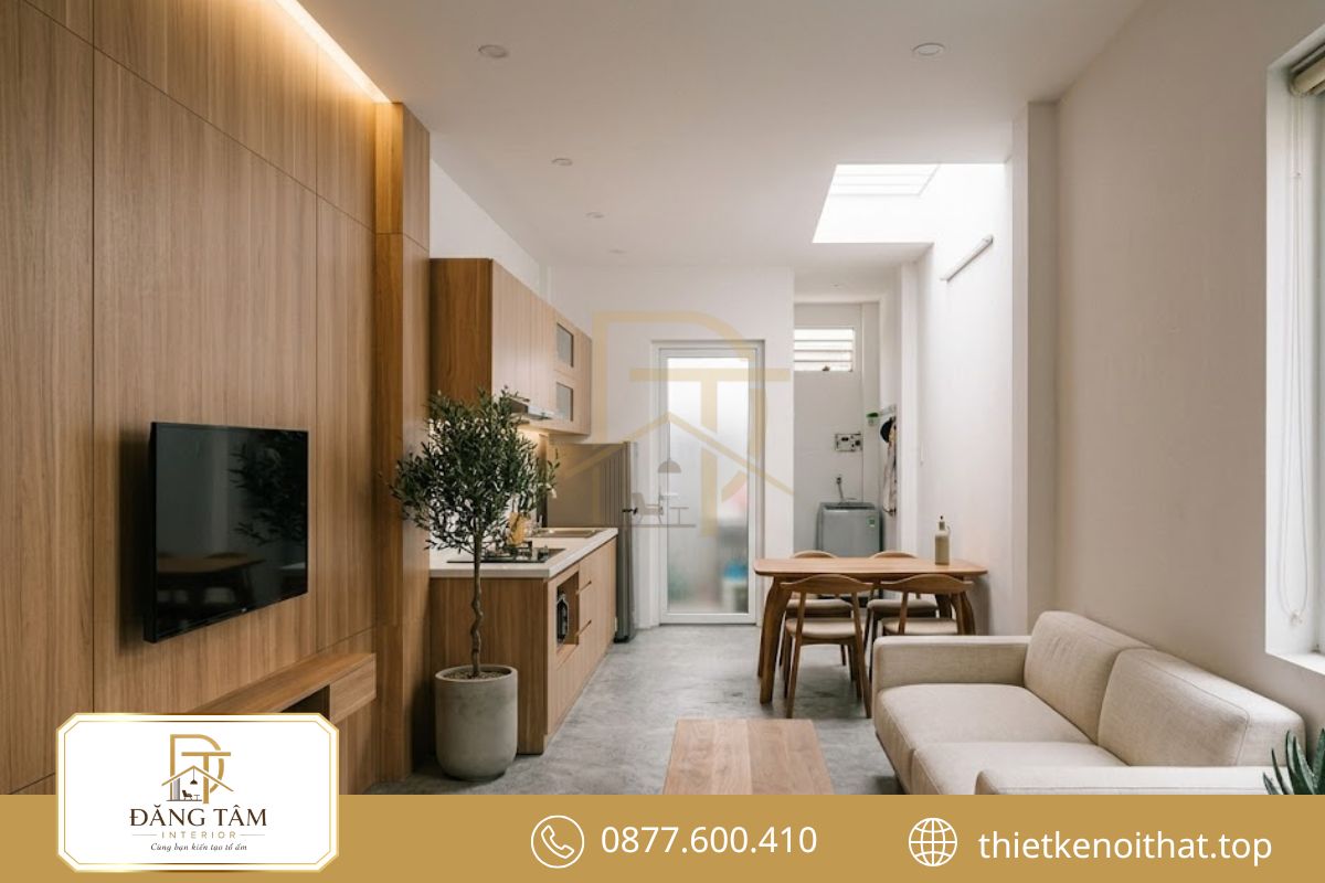 Thiết kế nội thất nhà ống 3m với phòng khách liền bếp rộng thoáng, liền mạch