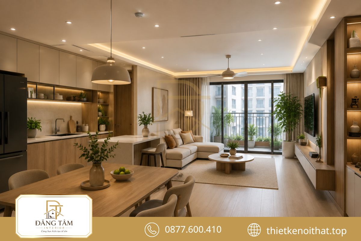 Thiết kế bếp và bàn ăn căn hộ 68m2 tiện dụng với hệ tủ cao sát trần 