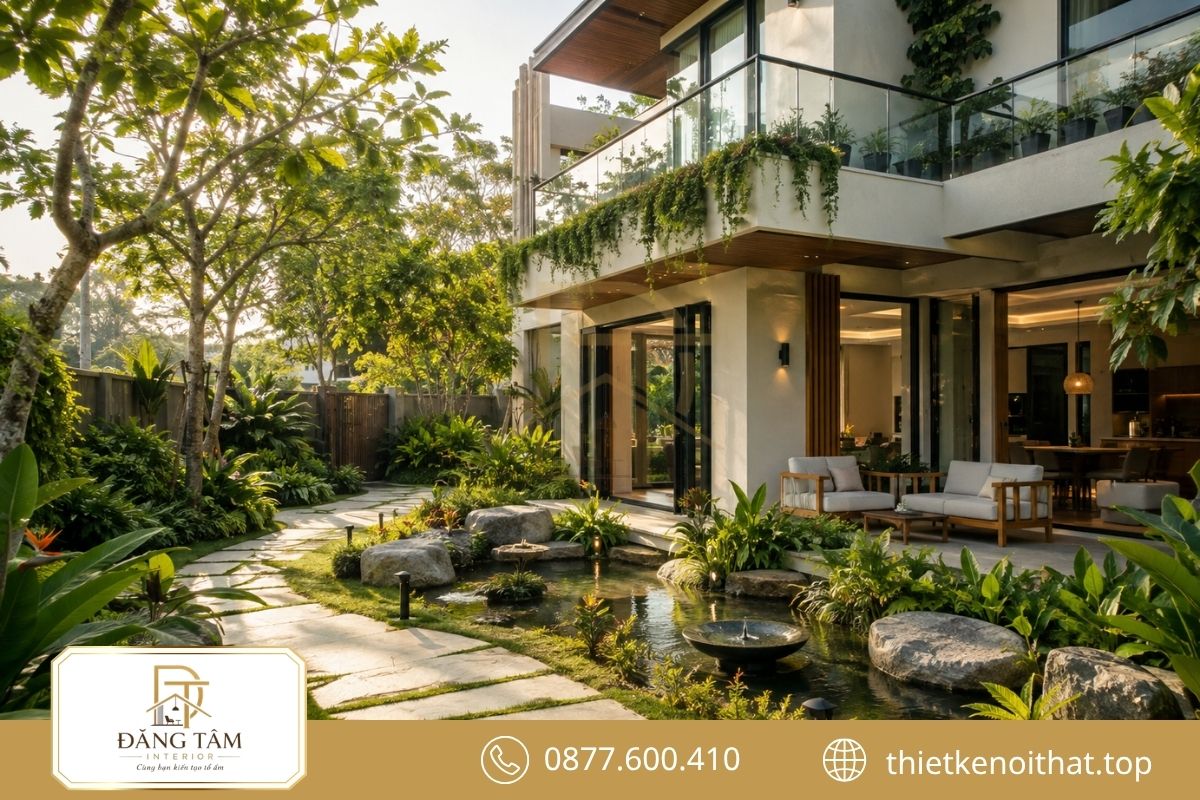Cảnh quan xanh giúp cải tạo biệt thự gần gũi thiên nhiên và giàu cảm xúc