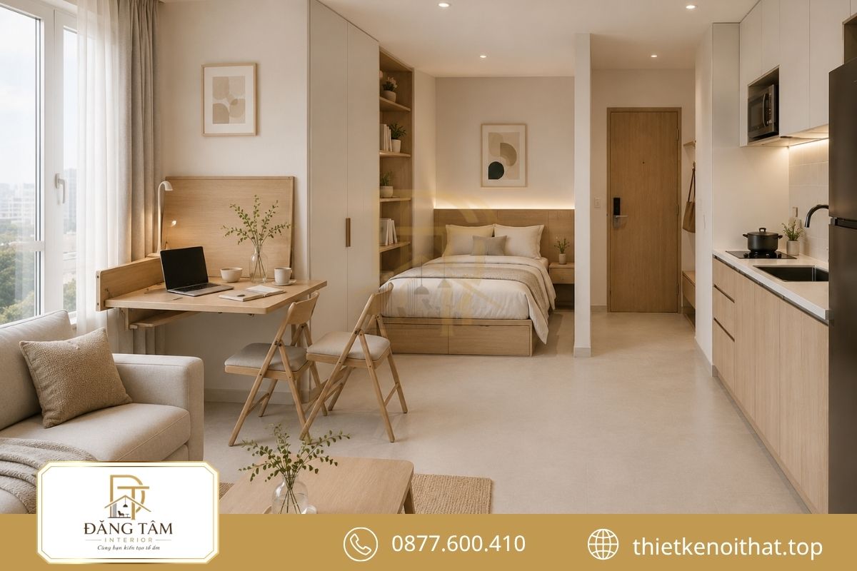 Bàn gấp kết hợp bàn làm việc tối ưu diện tích căn Studio.