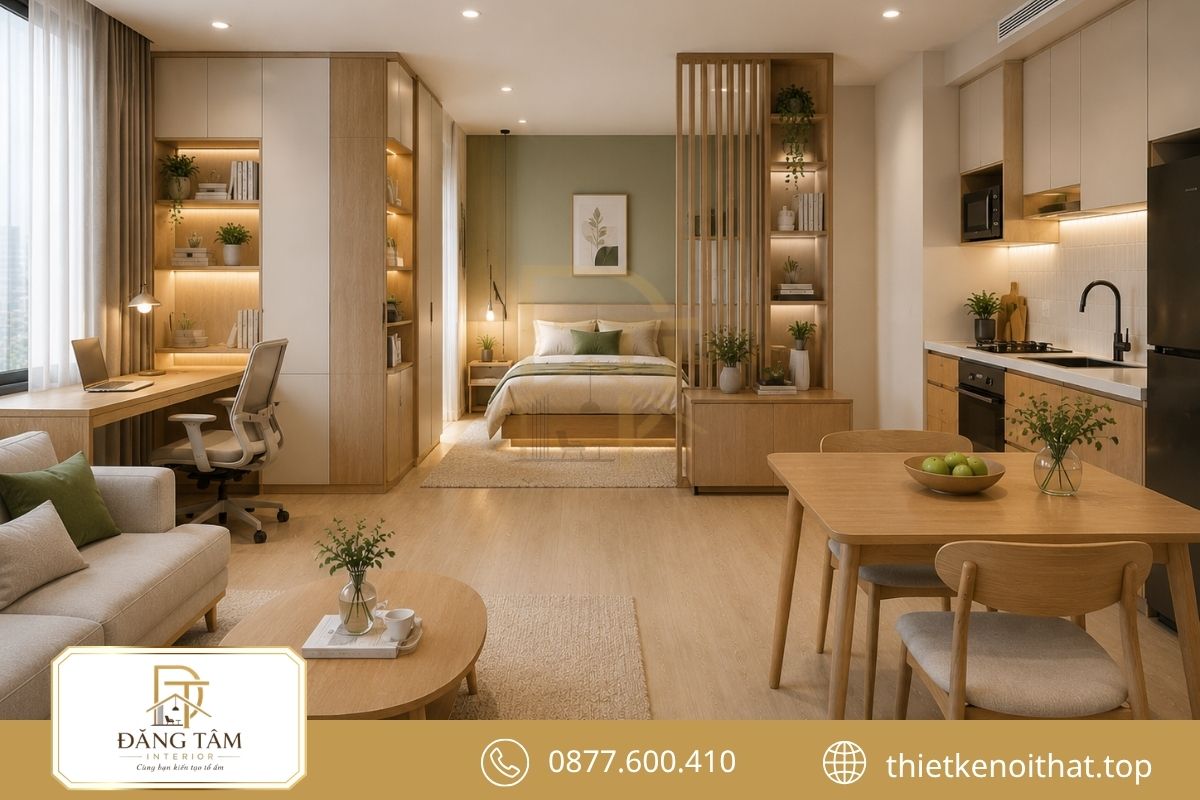 Bố trí đa công năng giúp Studio đáp ứng đầy đủ nhu cầu sinh hoạt.