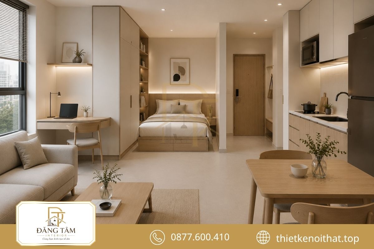 Phong cách tối giản giữ căn hộ Studio ngăn nắp và thoáng gọn.