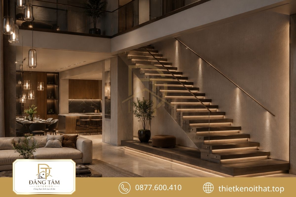 Cầu thang vừa kết nối hai tầng vừa tạo điểm nhấn kiến trúc. 