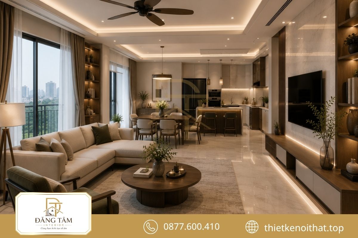 Vật liệu đồng nhất tạo thiết kế căn hộ chung cư 100m2 liền mạch 