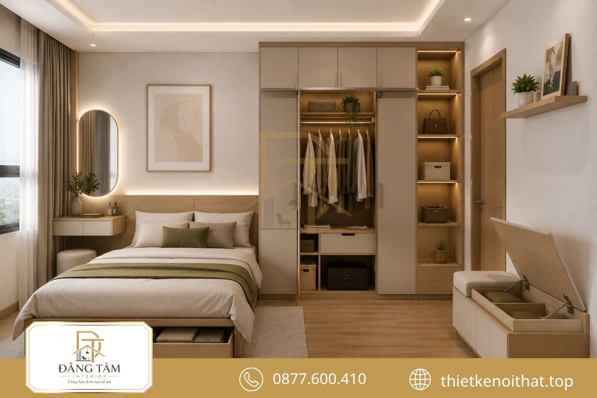 Thiết kế nội thất căn hộ 45m2 tăng lưu trữ bằng hệ tủ thông minh