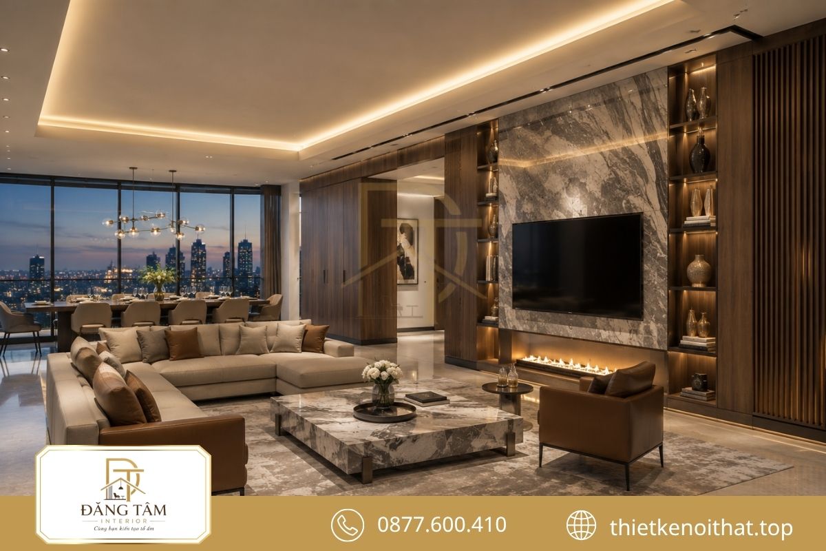 Gỗ, đá và kim loại phối hợp đồng bộ trong không gian Penthouse cao cấp. 