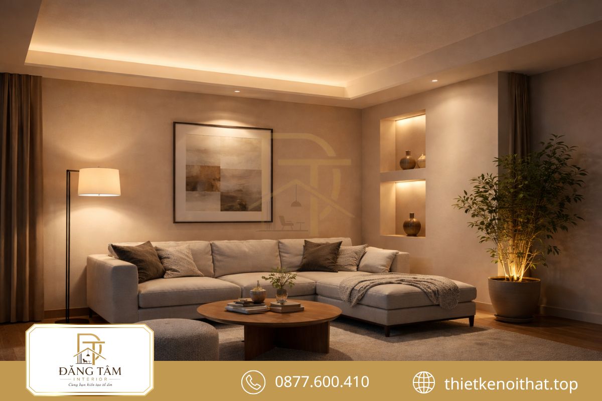 Hệ thống chiếu sáng nhiều lớp tạo chiều sâu cho thiết kế căn hộ 68m2 