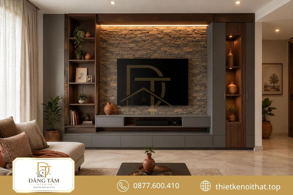 Hệ tủ tivi kết hợp lưu trữ giữ phòng khách luôn gọn gàng.