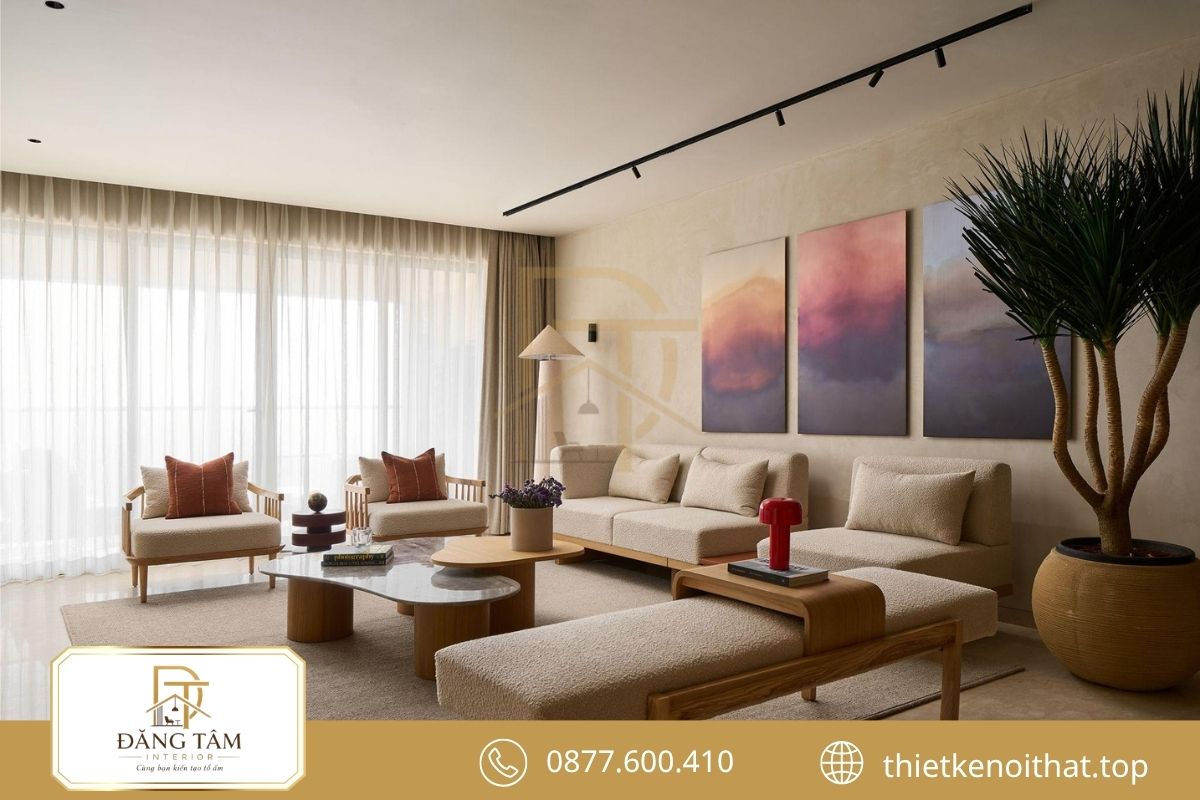 Phong cách Japandi kết hợp gỗ tự nhiên và gam màu ấm.