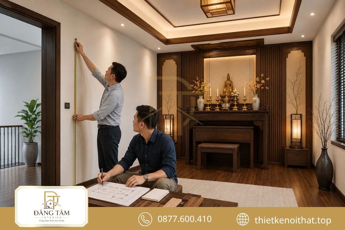 Ảnh minh họa quá trình khảo sát, đo đạc và trao đổi phương án phòng thờ.