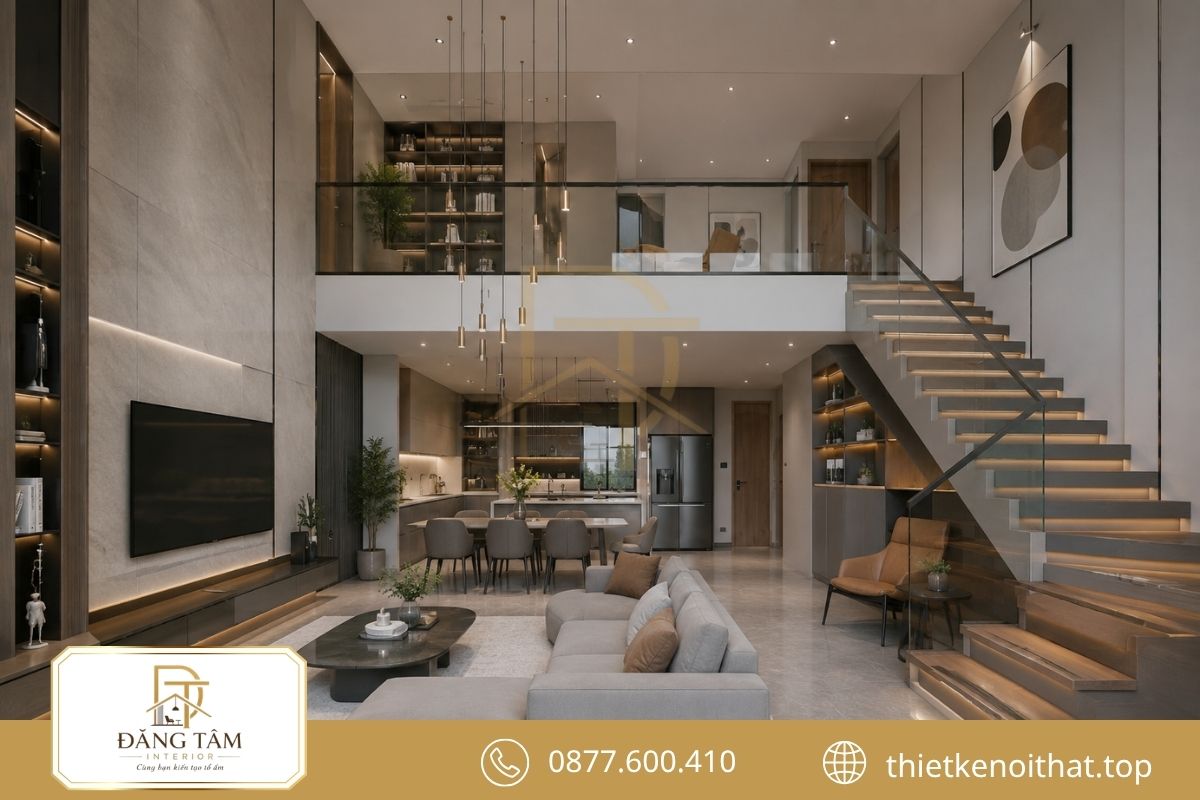 Không gian Duplex hiện đại kết nối phòng khách, bếp và cầu thang. 