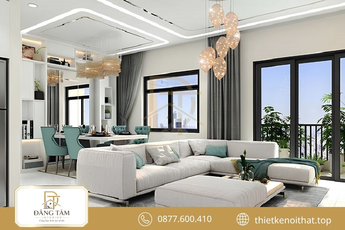 Không gian mở kết nối phòng khách, bếp trong căn hộ 100m2 