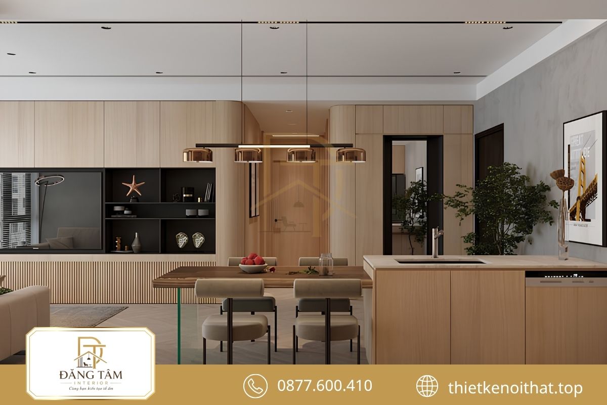 Không gian mở kết nối phòng khách, bếp trong chung cư 80m2