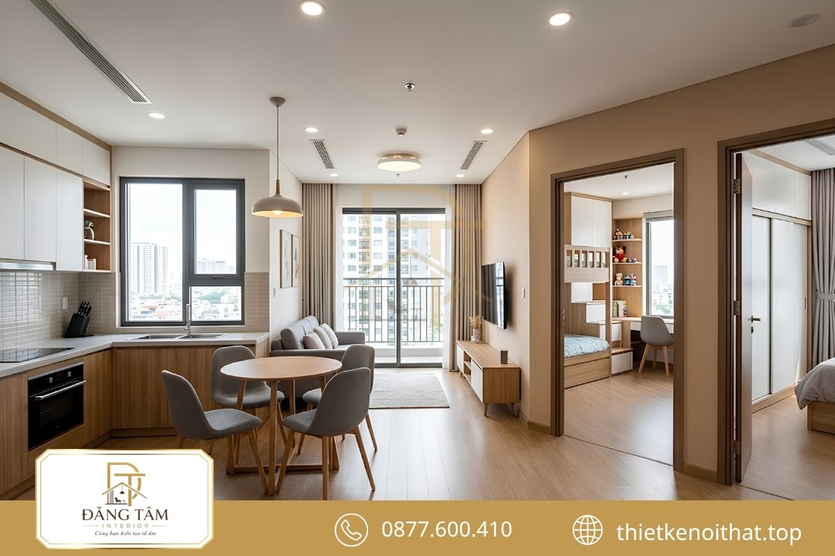 Không gian sinh hoạt chung mở tạo cảm giác rộng cho căn hộ 55m2 