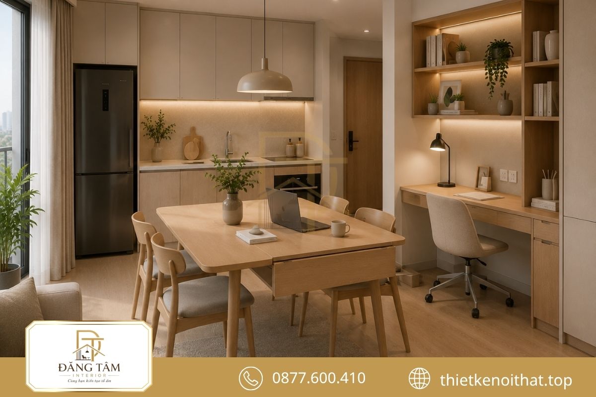 Thiết kế căn hộ 45m2 kết hợp bàn ăn và góc làm việc tiện dụng