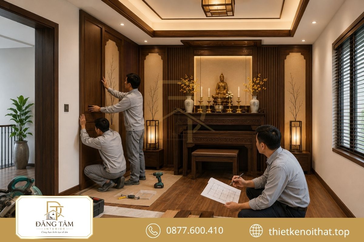 Ảnh minh họa quá trình khảo sát, đo đạc và trao đổi phương án phòng thờ.
