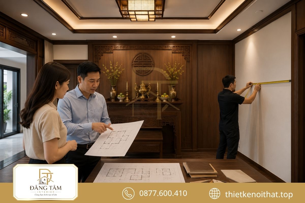 Ảnh minh họa quá trình lắp đặt, kiểm tra và hoàn thiện nội thất phòng thờ