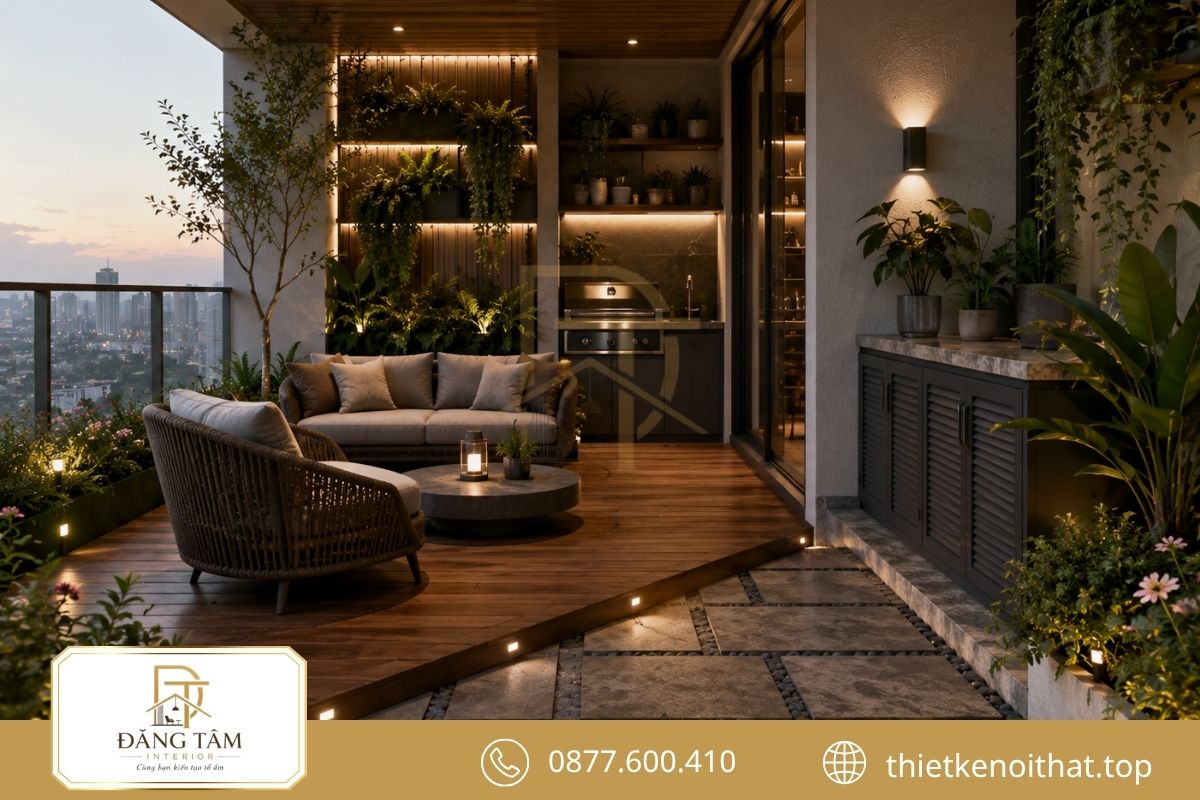 Ban công Penthouse sử dụng vật liệu ngoài trời bền, chống ẩm và dễ bảo trì