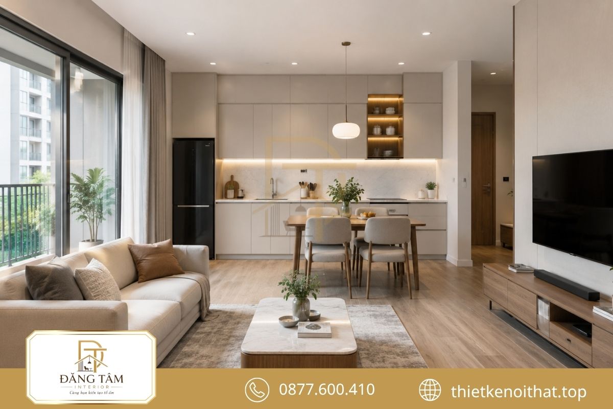 Căn hộ 56m2 hiện đại sử dụng nội thất gọn và gam màu sángCăn hộ 56m2 hiện đại sử dụng nội thất gọn và gam màu sáng