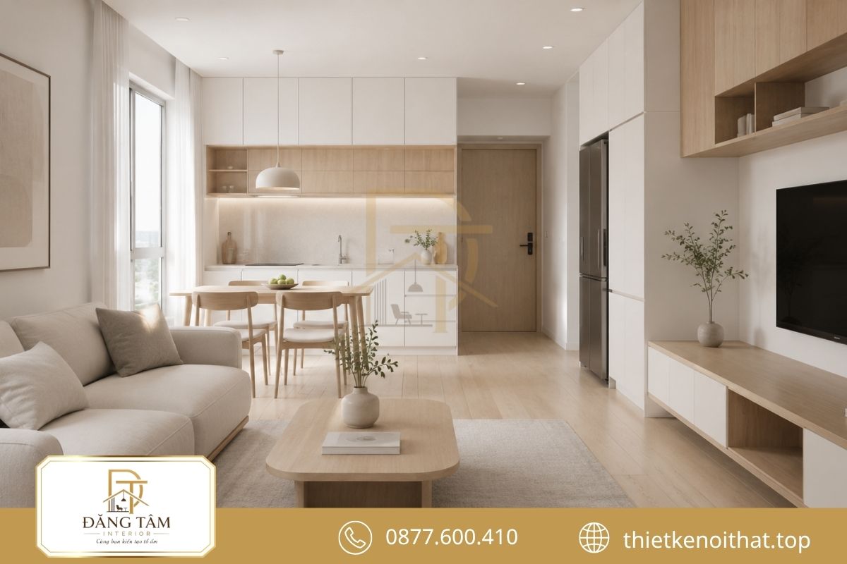 Không gian tối giản sử dụng hệ tủ kín và nội thất đa chức năng 