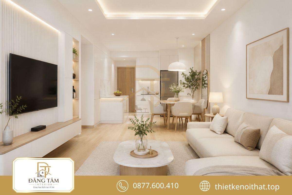 Căn hộ 60m2 sử dụng sắc trắng ấm kết hợp gỗ sáng thanh lịch